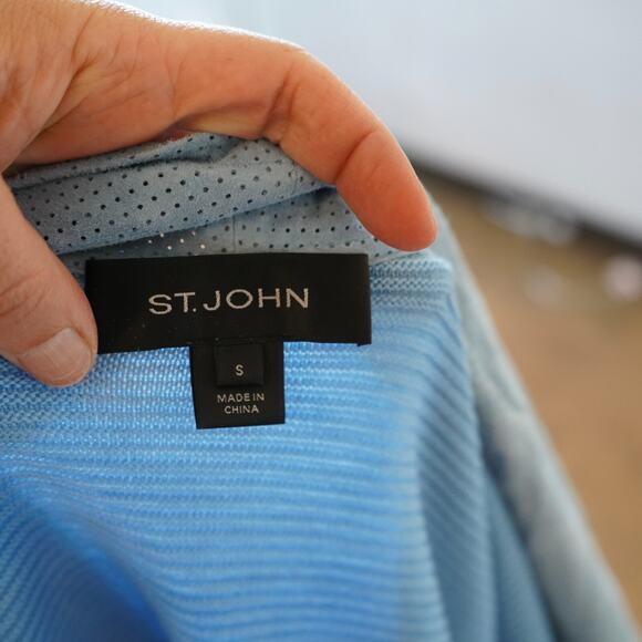 St. John Blue Wool Ribbed 1 button Jacket w perforated Leather with matching Top - Picture 8 of 11